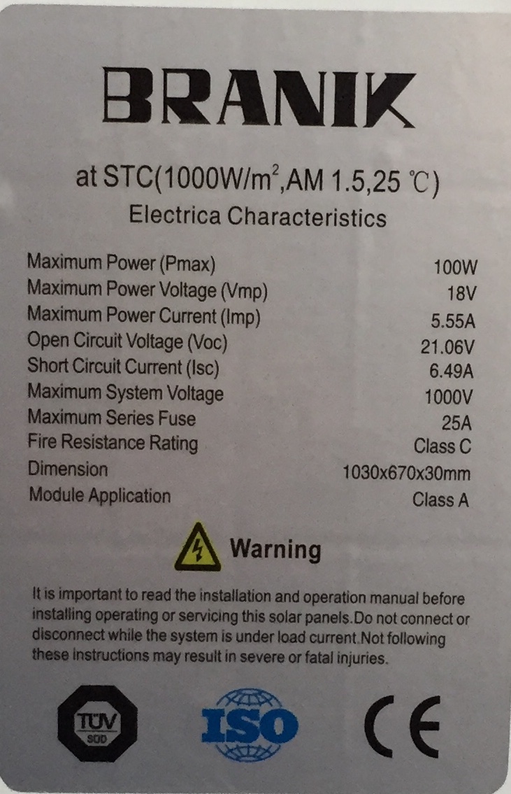 PANEL SOLAR 12V 100W POLICRISTALINO BRANIK - Imagen 3